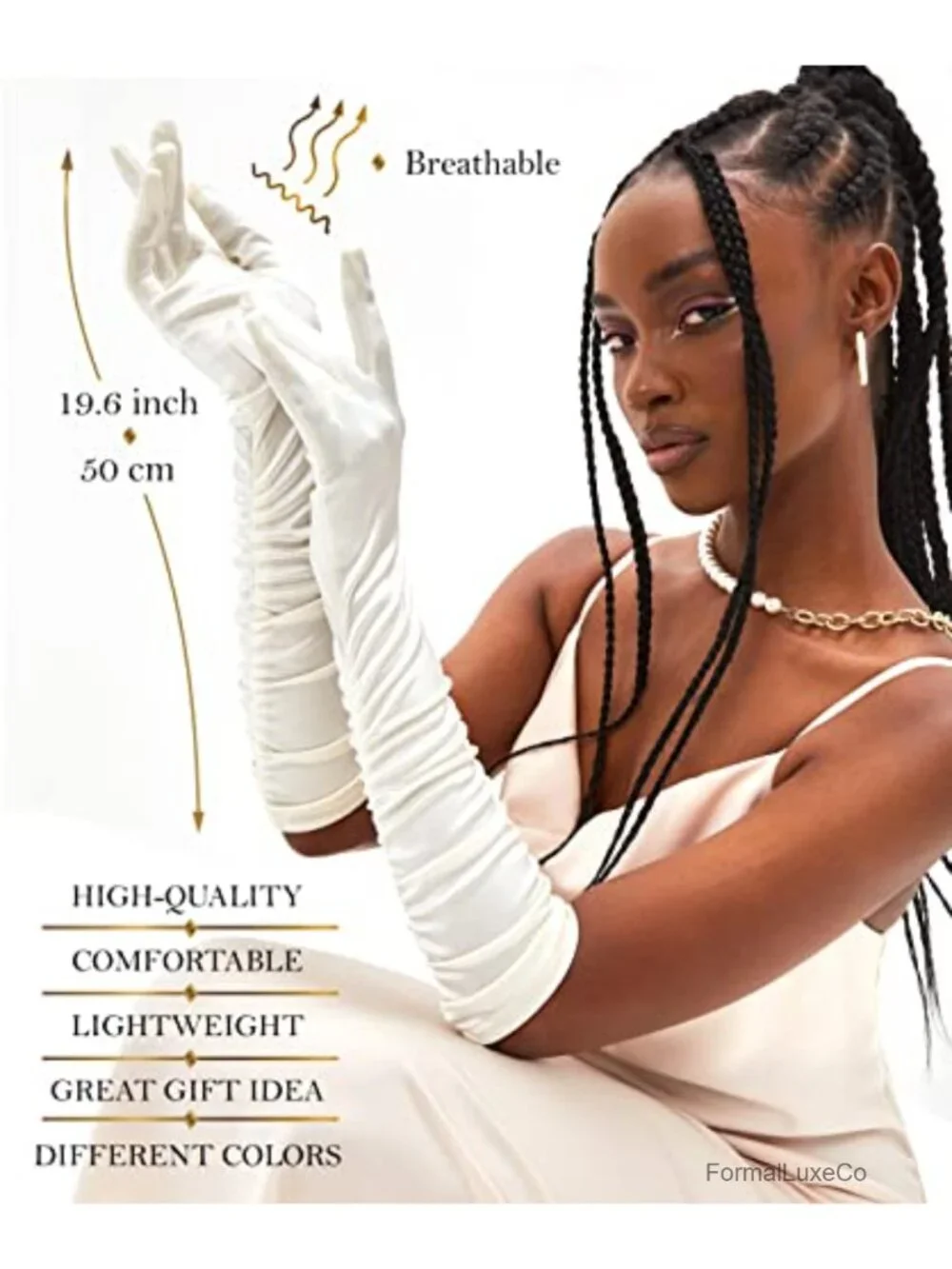 Women's Long Satin Opera Gloves, Shirred Elbow Length, Formal Party Accessory